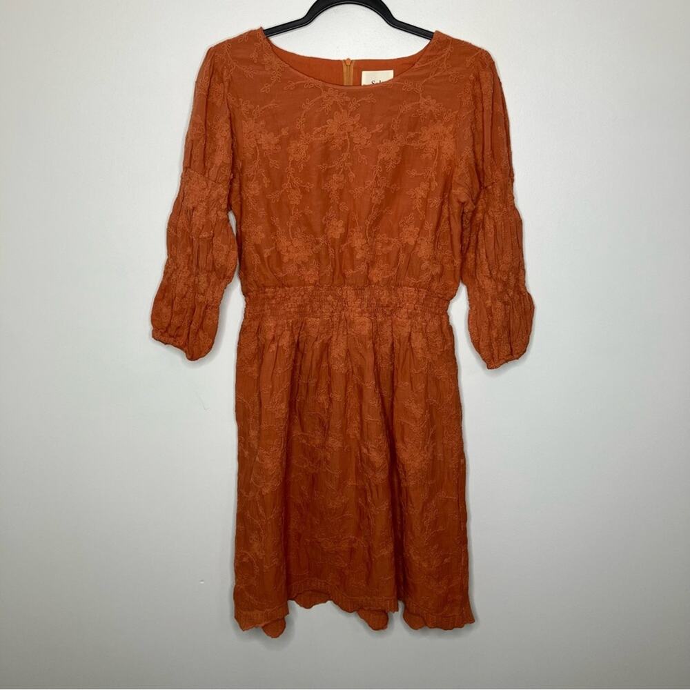 NWT ROOLEE SALT Embroidered Long Sleeve Smocked Waist Small Rust Orange Boho